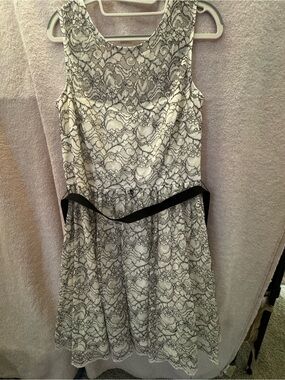 Xscape White Mini Dress with Black Lace and Black Waist Tie
